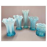 5 antique blue opalescent glass vases, etc.-
