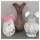 2 Victorian & 1 art glass vases: tallest 14 1/4'