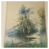 H. Levey signed watercolor- landscape w/ cabin-