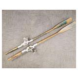 Pr vintage wooden & metal articulated oars- 74'L
