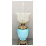 Antique blue glass & brass oil lamp w/ opalescent