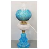 Antique blue & clear pattern glass oil lamp with