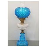 Antique blue & clear pattern glass oil lamp with