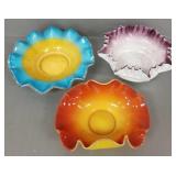 3 Victorian art glass brides bowls- 10' largest