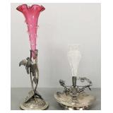 2 Victorian glass epergne vases w/ figural
