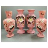2 pcs antique decorated pink cased glass vases-