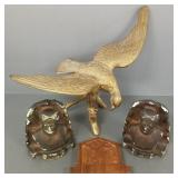 4 decorative items: large brass bird, vintage