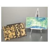 3 small modern artworks with 2 table easels-