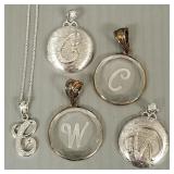 5 sterling silver initial pendants- N.O.S.