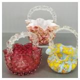 3 Victorian art glass baskets incl cranberry