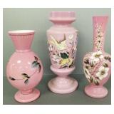 3 Victorian enamel decorated glass vases w/ bird