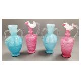 4 pcs spangle glass: 2 pink 8'H ewers w/ thorn