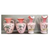 4 pcs decorated pink satin glass: pr 8 3/4'H ewers
