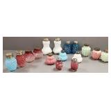 16 antique glass shakers incl cranberry, pattern