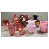 9 pcs cranberry, etc. glass incl enamel decorated,