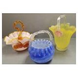 3 art glass baskets incl 1- thorn handle & 2 with