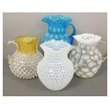 4 Victorian art glass water pitchers- blue