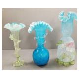 3 ruffled art glass vases incl blue spangle glass,