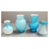 4 blue satin glass vases incl diamond quilted,