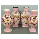 2pr (4 matching) antique pink Bristol glass vases