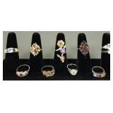 10 fancy sterling silver rings s/w stones- asst.
