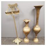 3 large brass decorative items: music stand &