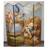 Figural hand painted folding floor screen: