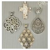 4 sterling silver pendants- 2 w/ chains incl cross