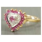 10K gold ruby & diamond heart motif ring- 1.9g;