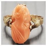 10K gold ring s/w carved coral cameo- 2.8g; size 4