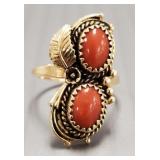 14K gold & coral Southwest ring- 4.2g; size 6