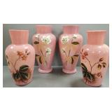 2 pr antique decorated pink cased glass vases-