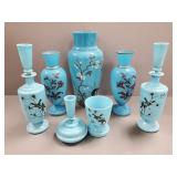 6 pcs antique decorated blue opaline glass- vases,