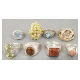 8 sterling silver rings incl RLM, fire agate,