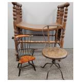 3 chairs: tiger brass child's, bustle bench &