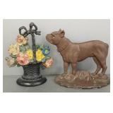 2 antique cast iron door stops: flower basket 11'