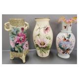 3 Victorian, etc. decorated vases- 2 glass &1