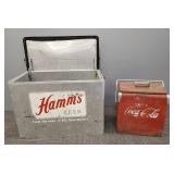 2 vintage metal coolers: Hamm's 21'L & Coca Cola-