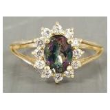 10k gold, mystic topaz & clear stone ring: 2.6g,