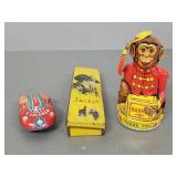 3 vintage tin litho toys, monkey bank, Explorer