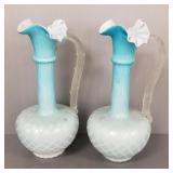 2 antique blue quilted satin glass ewers (as seen-