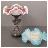 2 Victorian glass brides bowls w/ 1 ornate