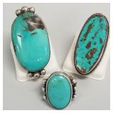 3 Southwest silver & turquoise rings: 51.3g total,