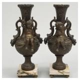 Pair bronze figural urns with marble bases-