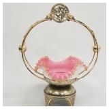 Victorian art glass brides basket in ornate frame