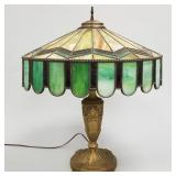 Antique lamp with stained & leaded glass shade