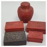 5 pcs. vintage cinnabar including 7' ginger jar &