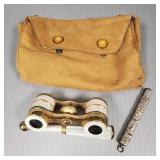Enameled opera glasses & Asian silver pencil case