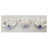3 sterling silver rings s/w tanzanite- sz 7