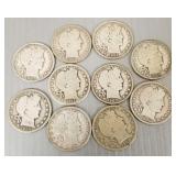 10 U.S. silver Barber half dollars- asst. dates